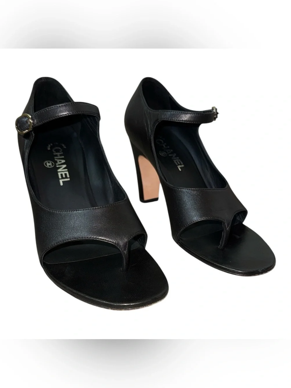 CHANEL Peep-Toe Thong Black Leather Mary Jane